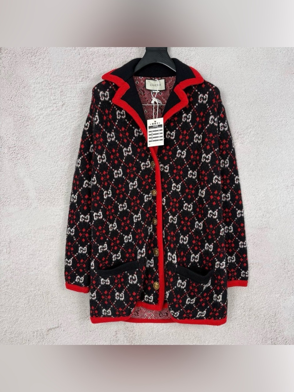 Gucci Black, Red & White Patterned Knit Blazer